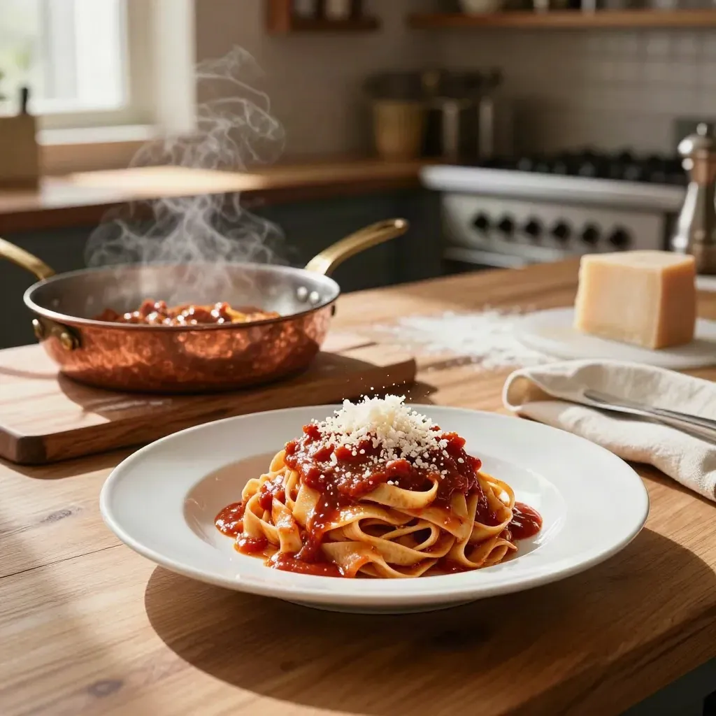 Tagliatelle s ragú a parmezánem na stole v teplém trattoria světle.