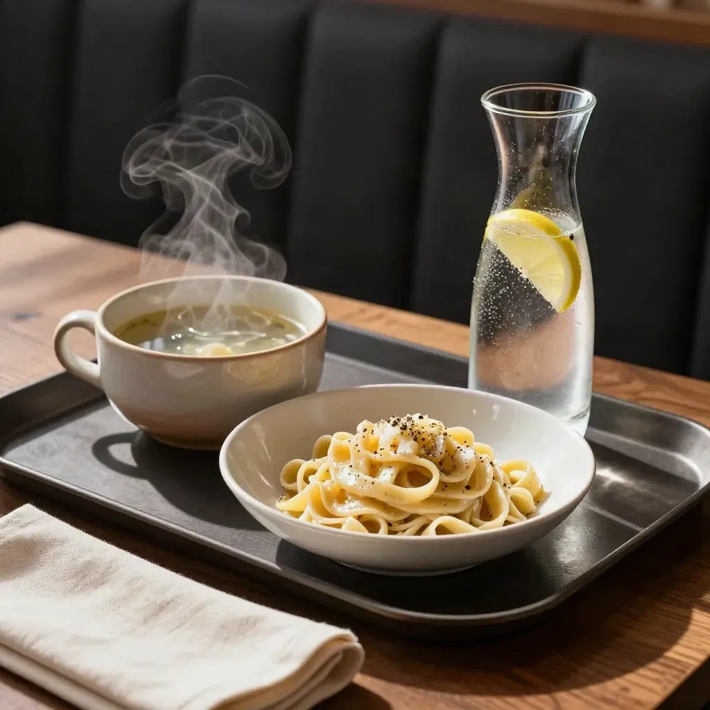 Polední menu na tácku: polévka, těstoviny a karafa s citronem.