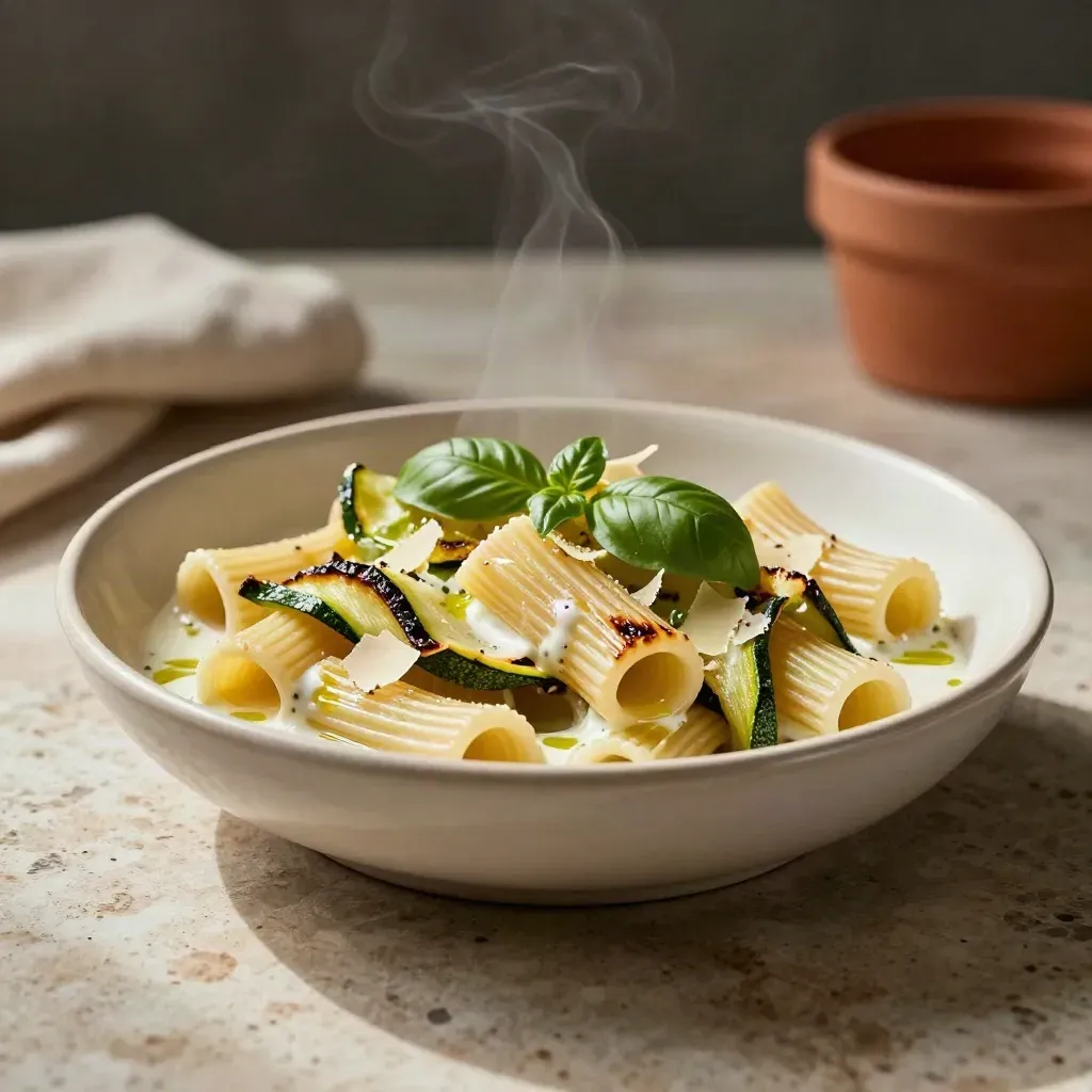 Rigatoni s bazalkovou omáčkou, cuketou a hoblinami Grana v keramické misce.