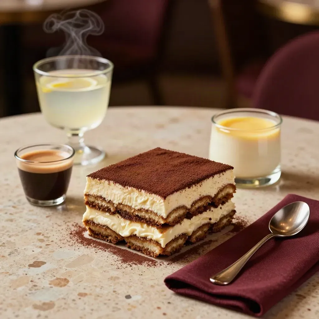 Dezerty a espresso: tiramisu, panna cotta, espresso a limoncello na teplém stole.