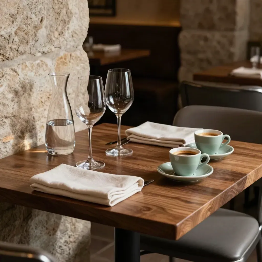 Rezervovaný stůl v restauraci s vínem, karafou, espressem a lněnými ubrousky.