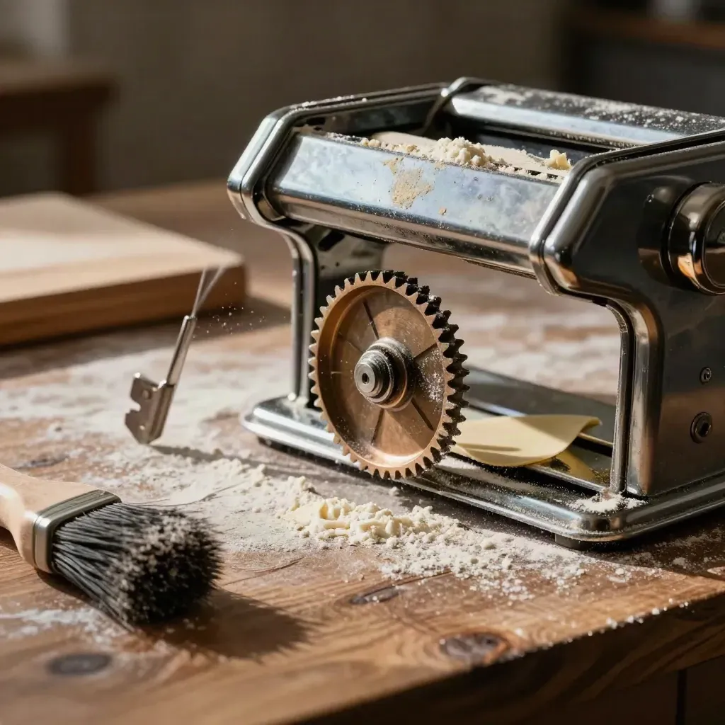 Detail pasta stroje s bronzovým kolečkem, moukou a kartáčem na dřevěné pracovní desce.