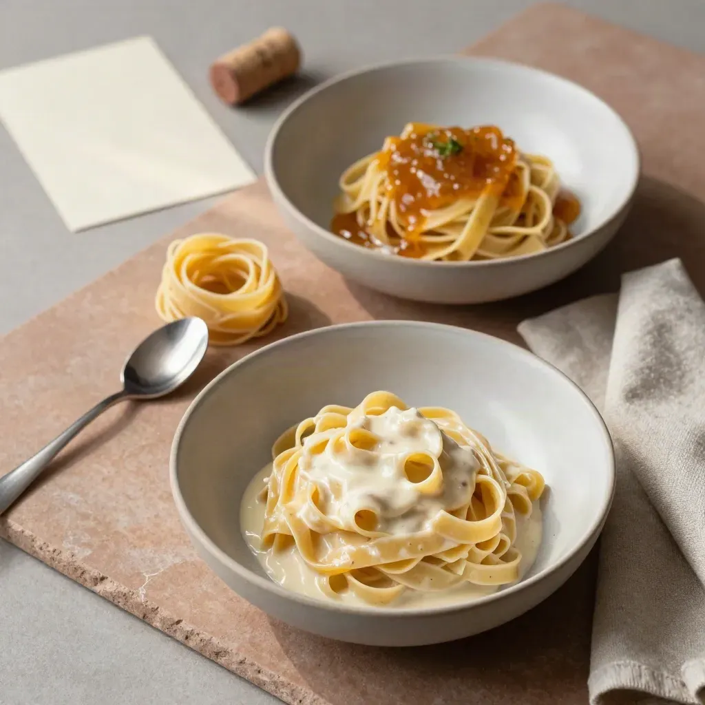 Dvě degustační misky s tagliatelle, lžička, korek a lněný ubrousek na kamenné ploše.