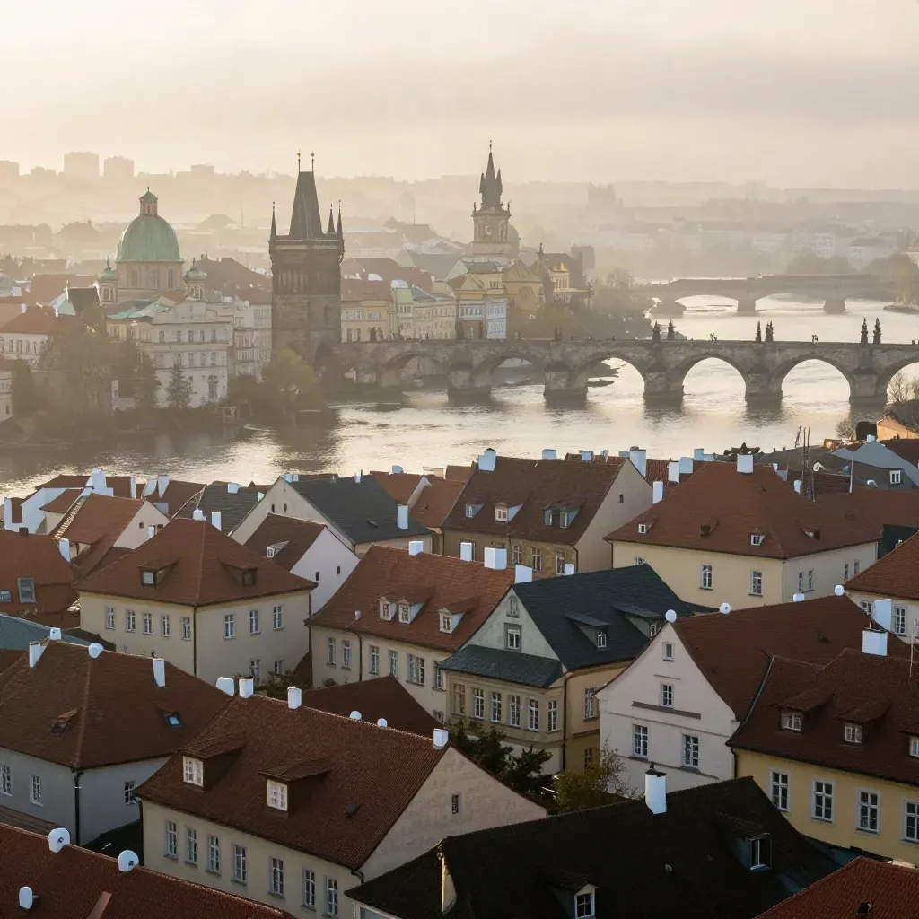 Mlžné pražské střechy a věže Karlova mostu nad klidnou Vltavou v ranním světle.