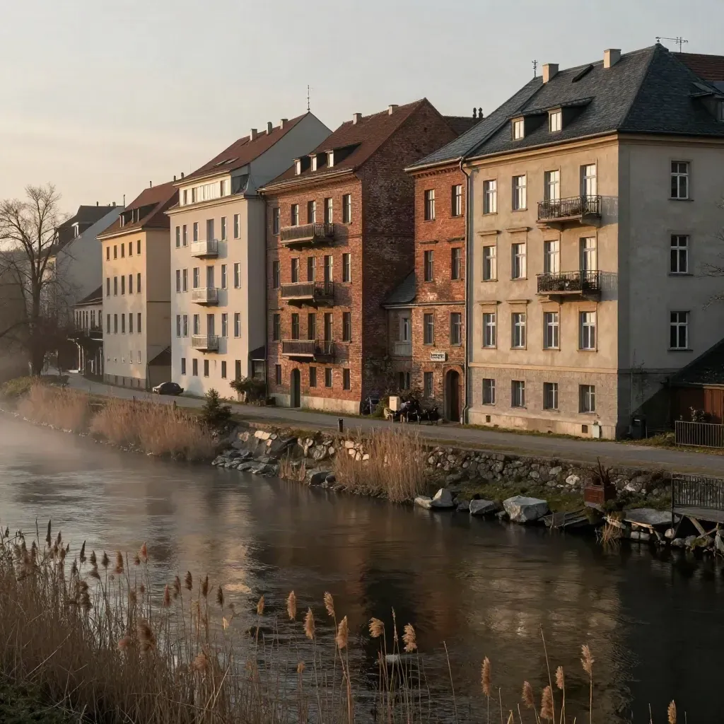 Západ slunce nad Vltavou u Smíchova, cihlové fasády a terasy v jemném oparu.