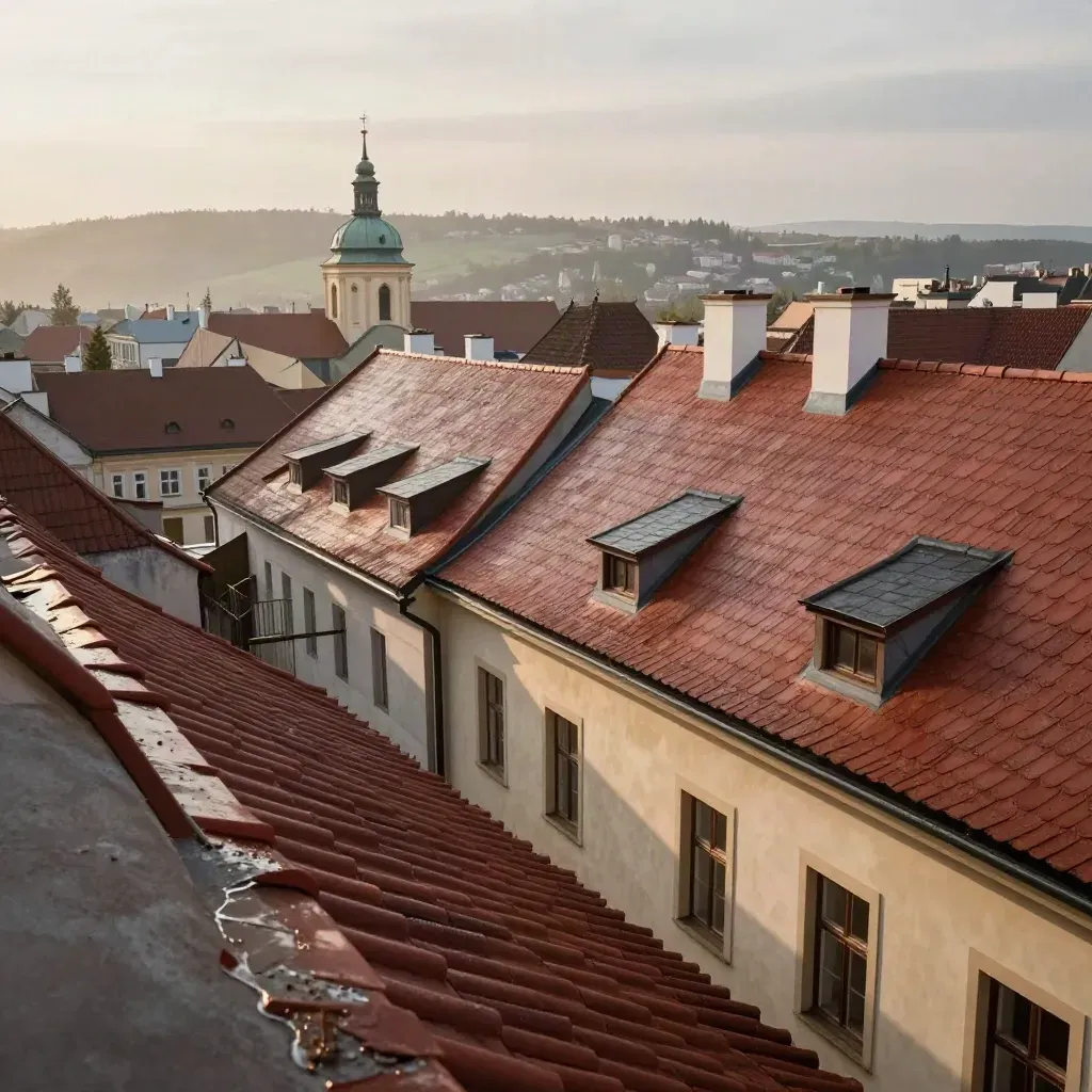 Zlatá hodina nad vinohradskými střechami a věží kostela v mlze po dešti.